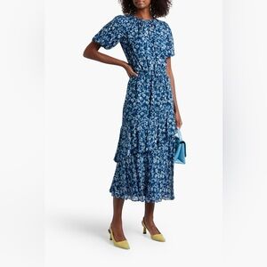 ML Monique Lhuillier Capri Bouquet Belted Metallic Ruffled Dress | Size 10